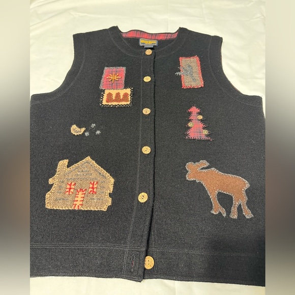 Woolrich Vtg L Moose Embroidered Vest Black Wool Beaded Patchwork Grandma Cabin - Picture 6 of 8
